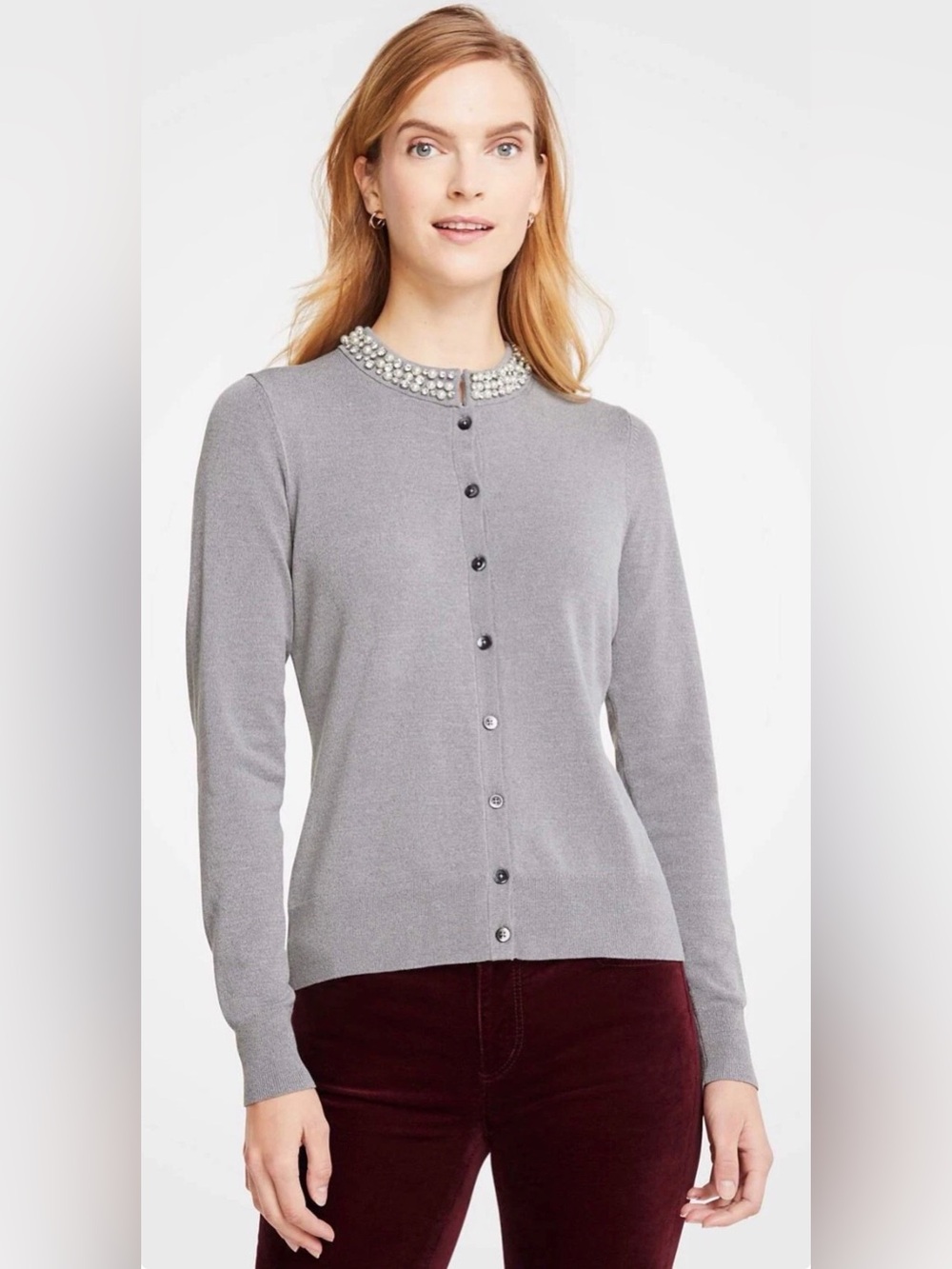 Ann Taylor Jeweled Neck Cardigan Medium NWT‎ Gray Quiet Luxury Old Money